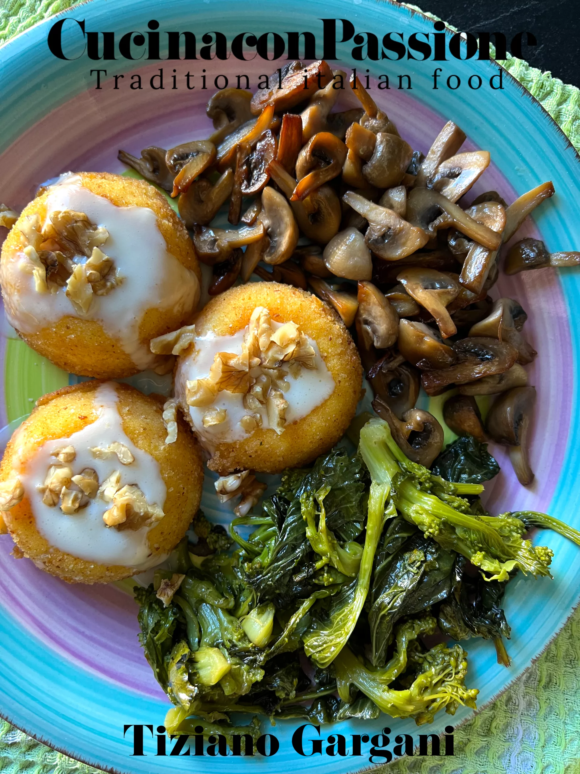 Roasted polenta and gorgonzola fondue with turnip tops and mushrooms